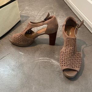 Clark's Suede Block Heel Peep Toe Shoe